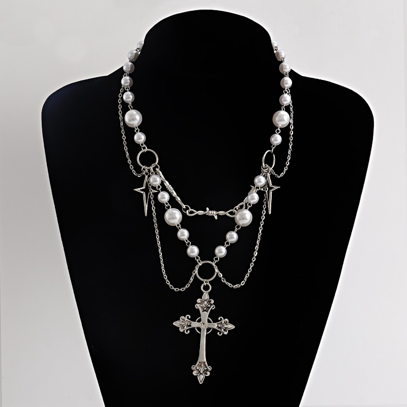 Pearl Choker Necklace Vintage - Collar con colgante de cruces Punk,