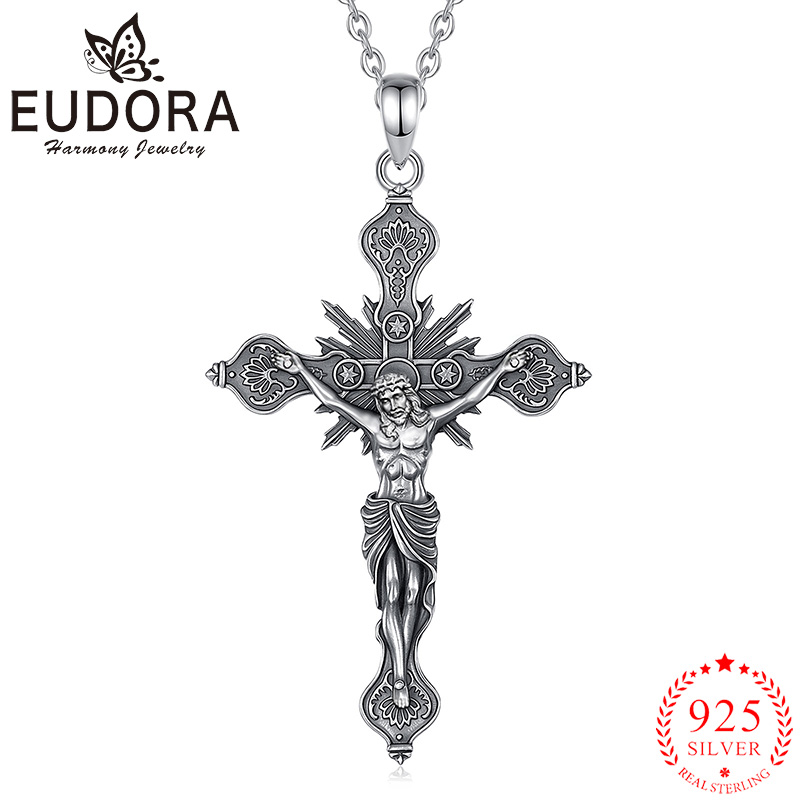 925 Sterling Silver Chain Necklace Men - Eudora-collar con cruz de crucifijo para