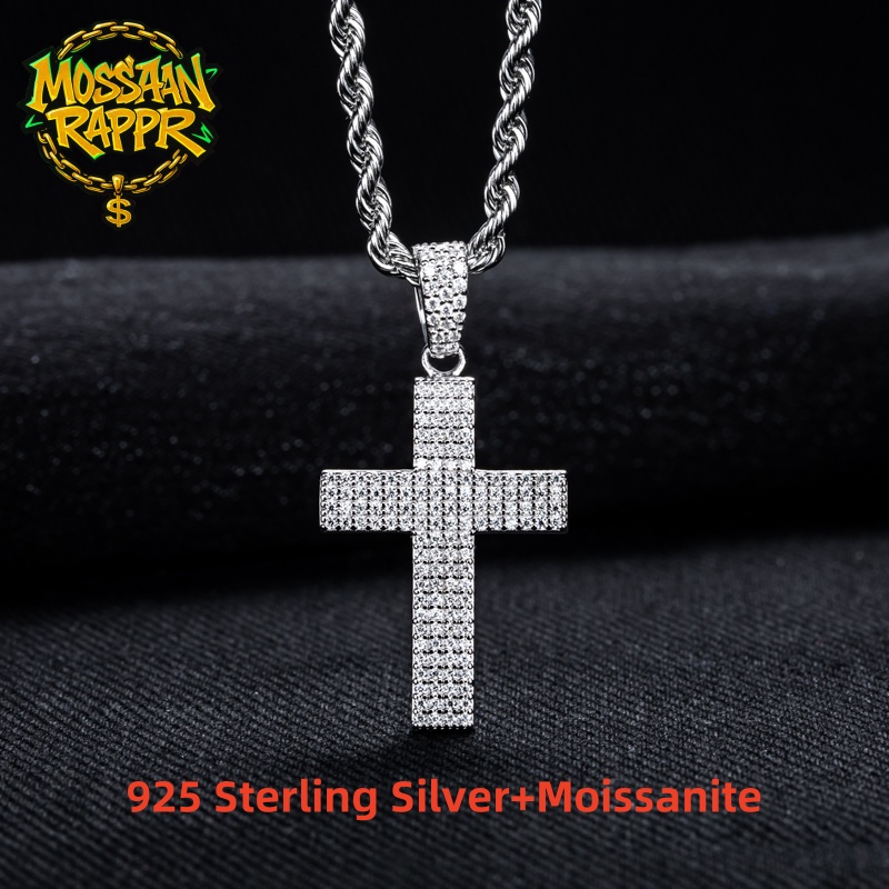 925 Sterling Silver Chain Necklace Men - MossanRappr-Colgante de cruz ostentosa de moissanita,